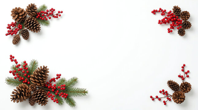 Christmas holiday background frame with pine cones and red berries on a white background with copy space