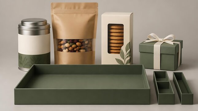 Minimalist food packaging mockup set featuring tea tin, kraft nut pouch, cookie box, and gift box on green trays for branding presentation.