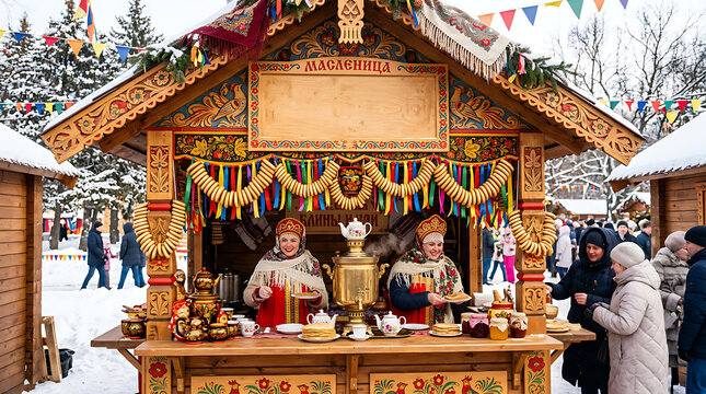 Traditional Russian Maslenitsa spring festival featuring women in folk costumes serving pancakes and tea from a golden samovar at a decorated wooden stall in a snowy winter park landscape.
