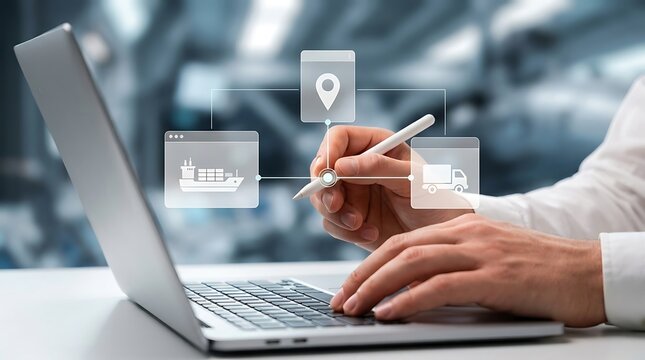 Person using a laptop with digital supply chain icons displayed on a screen overlay