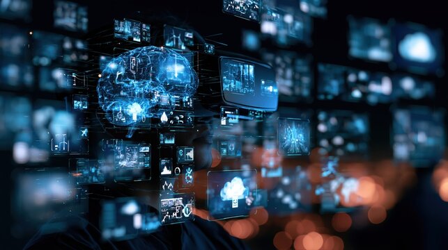 Digital brain network data visualization with glowing nodes and connections on a dark background