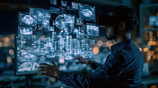 Man wearing VR headset interacting with holographic city projections in a dark futuristic office