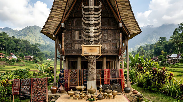 Traditional Torajan Tongkonan house with buffalo horns, ceremonial brass vessels, and ethnic ikat textiles against a lush mountain landscape in South Sulawesi, Indonesia.
