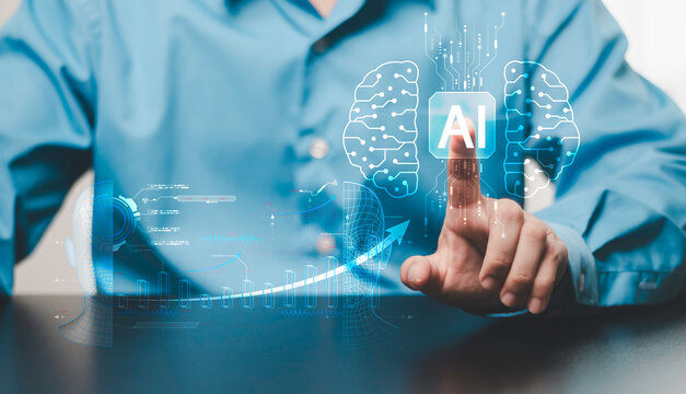 AI exponential, machine learning, data analytics, automation, technology. Artificial intelligence brain concept, digital analytics, human and machine interfaces, and exponential growth chart.