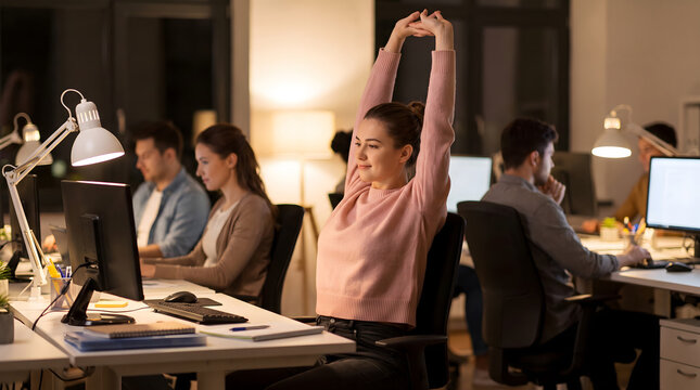 A female office worker stretches while colleagues work at desks with computers in a dimly lit office at night.