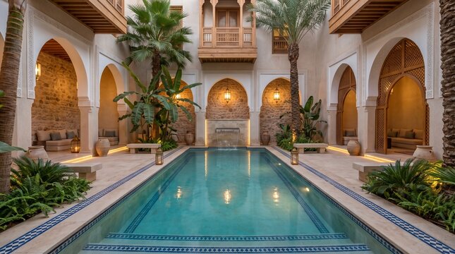 Sunlit Moroccan Riad Courtyard Swimming Pool with Arches and Palms