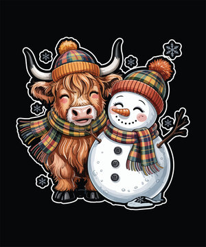 Cute Highland Cow and Snowman Wearing Matching Plaid Winter Hats and Scarves
