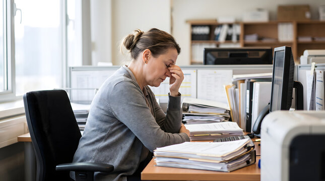 A tired female office worker rests her head at a cluttered desk filled with documents, appearing fatigued from work.