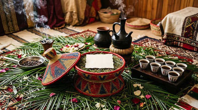 Authentic traditional Ethiopian coffee ceremony setup with a black clay jebena pot, small ceramic cups, and a colorful woven floor stand on fresh green grass with scattered rose petals.