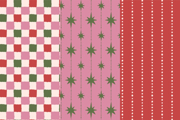 Plakat Vector Seamless Christmas pattern with hand-drawn holiday elements, geometric shapes, stars and festive ornaments in a retro color palette
