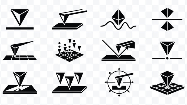 Nanotechnology atomic force microscopy icons, 12 scientific AFM probe vector symbols, scanning probe microscopy diagrams