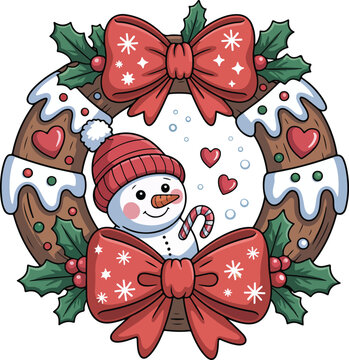  Christmas Wreath with Snowman Red Bows and Holly
