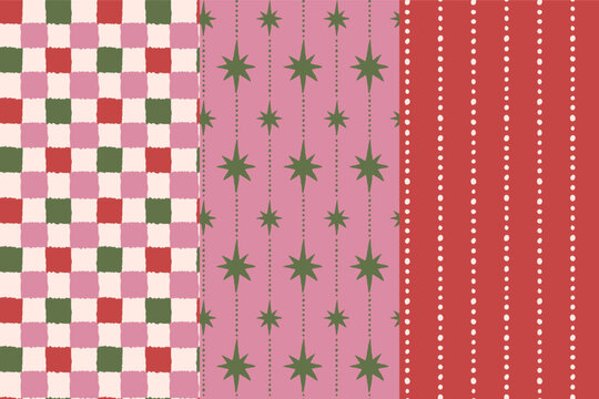 Vector Seamless Christmas pattern with hand-drawn holiday elements, geometric shapes, stars and festive ornaments in a retro color palette