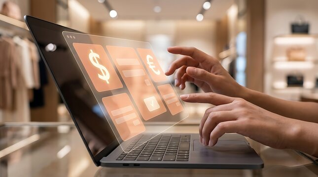 Person using a laptop with a digital interface to manage currency exchange settings in a retail store