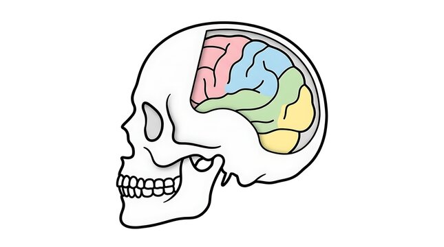 Illustration of human skull profile showing colorful brain lobes with human anatomy