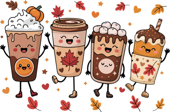 Cute Autumn Drink Characters with Pumpkin Spice Coffee and Hot Chocolate