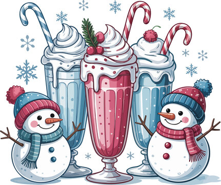 Christmas Milkshakes with Candy Canes and Cute Snowmen in Pink and Blue
