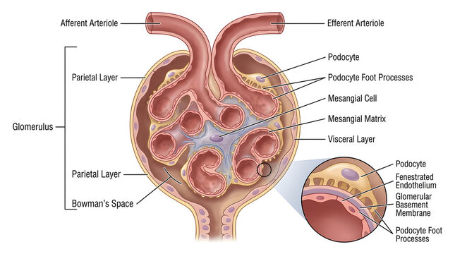 Cross-section medical illustration of a human kidney glomerulus and nephron