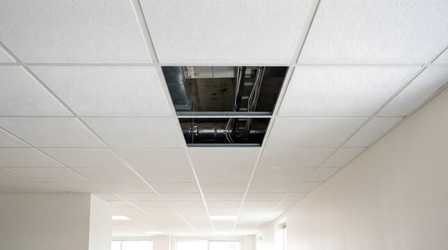 Ceiling grid with one acoustic tile removed, soundproofing installation and noise control concept