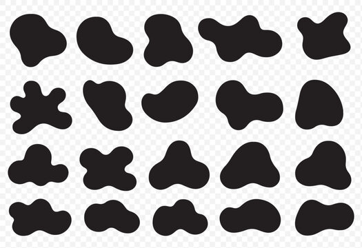 Abstract organic blob shapes. round irregular liquid forms. Vector set of fluid curves, splash drops, bubbles, and amoeba spots. Black modern simple background elements . Smooth wavy flow logo bg 