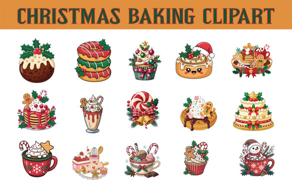 
Christmas Baking Clipart Collection with Festive Cakes, 