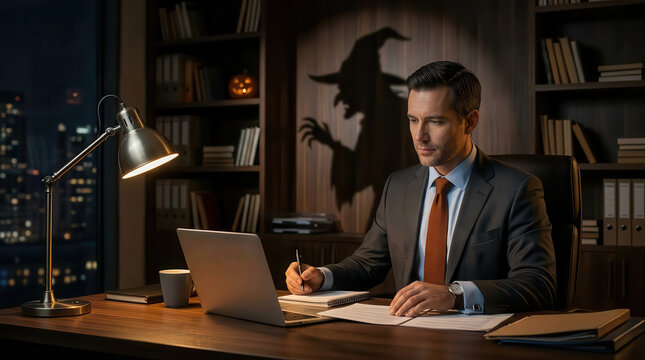 Businessman in suit working late at office desk with laptop and paperwork, witch silhouette shadow on wall behind bookshelf, spooky Halloween business concept with city night view window