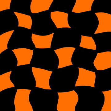 Cute hand drawn orange and black distorted checkered pattern isolated on transparent background. Trippy optical illusion grid vector illustration.