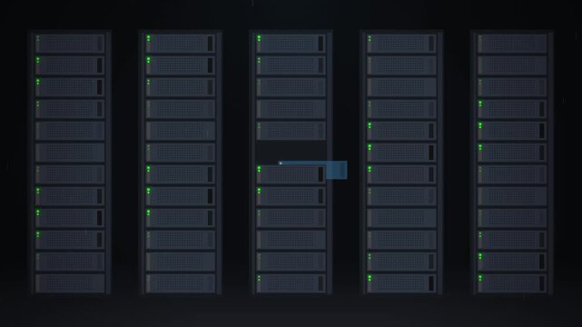 Cinematic 4K animation of a high-tech data center server rack featuring a glowing pulse energy flow and digital recovery visualization, representing secure cloud computing and network infrastructure