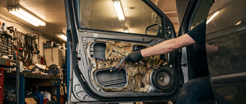 A male mechanic works on the internal wiring of a car door in an automotive repair workshop.