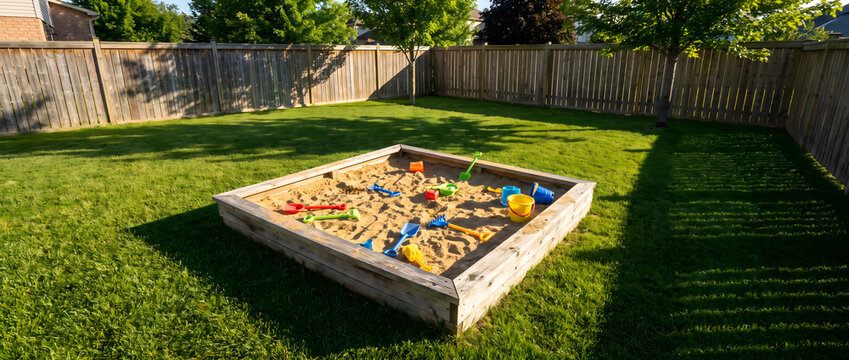 A square wooden sandbox filled with sand and colorful play toys sits on a grassy backyard, enclosed by a wooden fence.