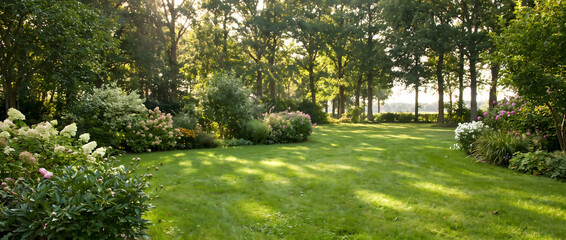 Obraz premium A serene garden scene with a well-maintained green lawn, lined with flowering shrubs and tall leafy trees under soft sunlight.