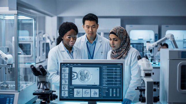 Diverse team of young scientists in lab coats examining microscopic embryo cells and data on computer monitors during biomedical research experiment in modern laboratory