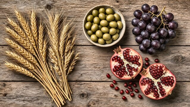 Seven Species of Israel Flat Lay with Wheat Sheaves Grapes Olives and Pomegranate on Rustic Wood