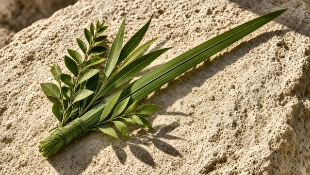 Traditional Lulav Bundle of Palm, Myrtle, and Willow Branches on Limestone Rock for Sukkot Holiday