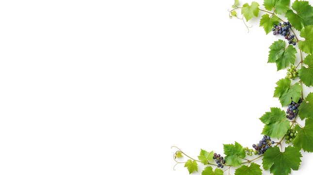 Fresh grapevine with ripe purple grapes and green leaves in bright studio lighting against a clean white background