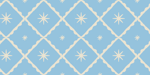 Obraz premium Vector Seamless Christmas pattern with hand-drawn festive motifs, decorative stars and ornaments in a playful vintage-inspired style