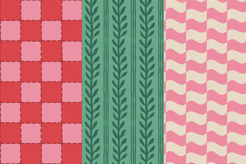Obraz premium Vector Seamless Christmas pattern with hand-drawn holiday elements, geometric shapes, stars and festive ornaments in a retro color palette