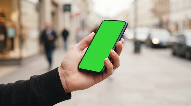 Close Up of Person Holding Modern Smartphone with Blank Green Screen Chroma Key Display Outdoors on Busy City Street