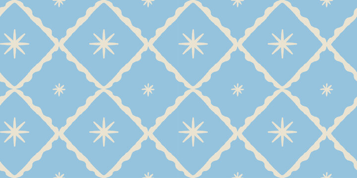 Vector Seamless Christmas pattern with hand-drawn festive motifs, decorative stars and ornaments in a playful vintage-inspired style