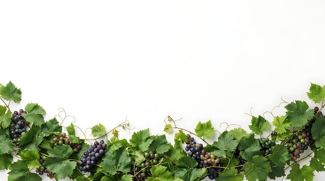Fresh grapevines with lush green leaves arranged in a curved border on a clean white background