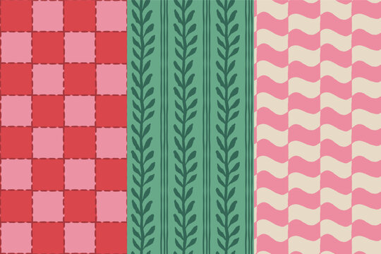 Vector Seamless Christmas pattern with hand-drawn holiday elements, geometric shapes, stars and festive ornaments in a retro color palette