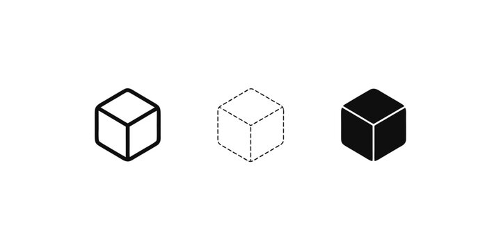 Isometric cube icons set including solid and outline wireframe variations with cube icon box icon 3D cube geometry icon vector icons geometric shape minimalist icon design element abstract cub