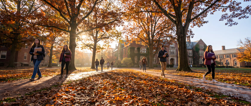 Students carry books while walking on an autumn campus path lined with fallen leaves and old brick buildings.