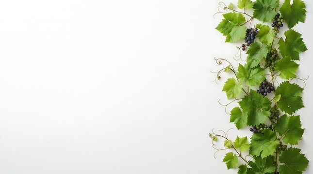 Grapevine leaves and berries with copy space on a clean white background during daylight