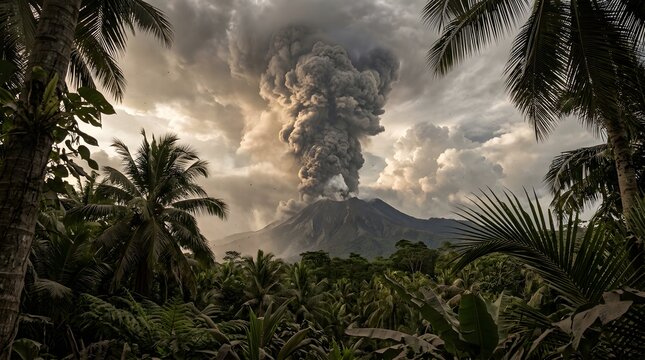 Majestic Volcano Erupting Beyond a Tropical Forest Canopy with Thick Smoke Rising Above the Green Landscape