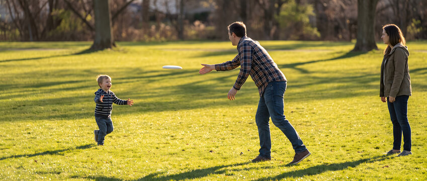 A family plays frisbee on a sunny grassy park, with a man throwing the disc to an excited child, a woman standing nearby.
