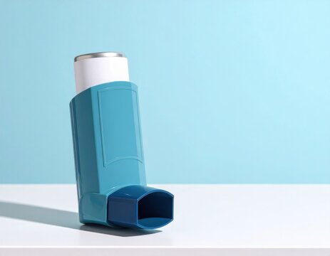 Blue asthma inhaler mockup with blank label space