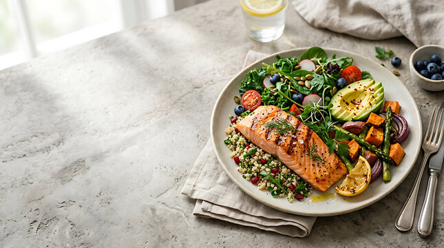 Grilled salmon fillet with quinoa salad and avocado on a plate