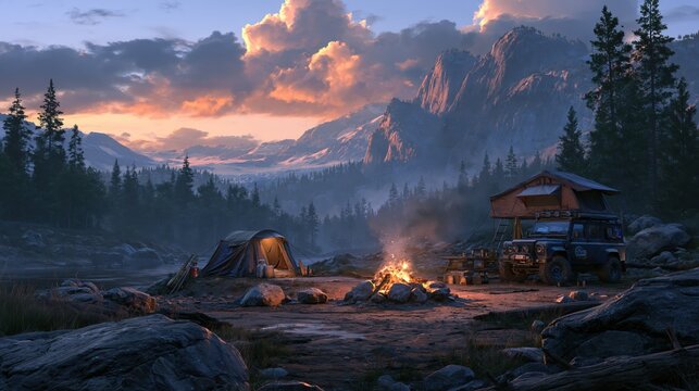 Tent and rooftop tent camping site with campfire during golden hour in alpine forest setting