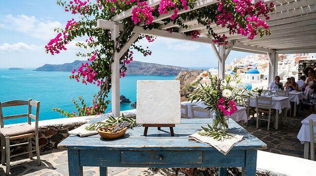 Romantic Greek island wedding reception stand on a terrace with bougainvillea, featuring a blank welcome sign overlooking the Aegean Sea and white Cycladic architecture in Santorini.